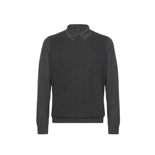 Dark charcoal buttoned polo shirt, "Radial Squares" jacquard