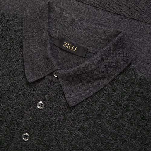 Dark charcoal buttoned polo shirt, "Radial Squares" jacquard