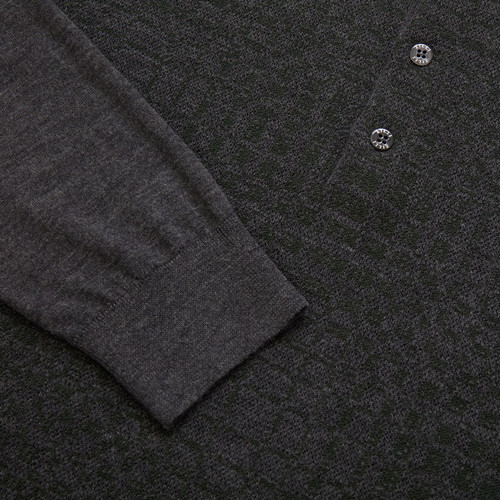 Dark charcoal buttoned polo shirt, "Radial Squares" jacquard