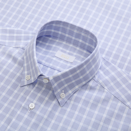 Smoke blue "casual" checkered shirt, topstitched collar with buttons