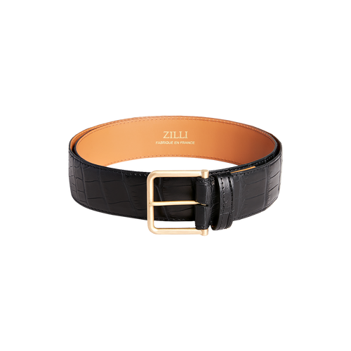 Black crocodile belt, 40 mm width, "Round" buckle