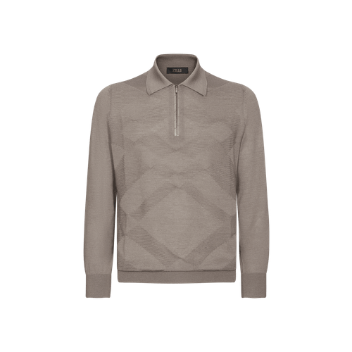 Taupe zip polo sweater, "Big Tartan"