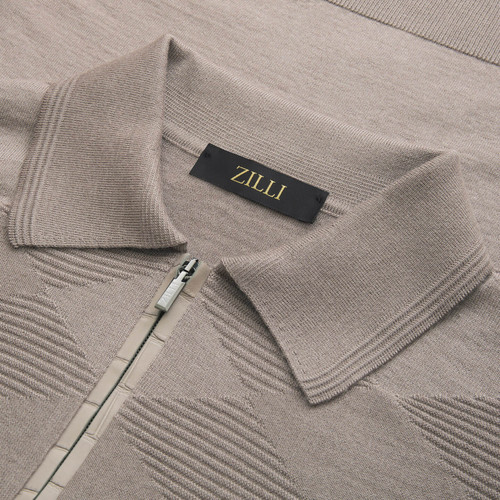Taupe zip polo sweater, "Big Tartan"