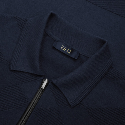 Dark Navy zip polo sweater, "Big Tartan"