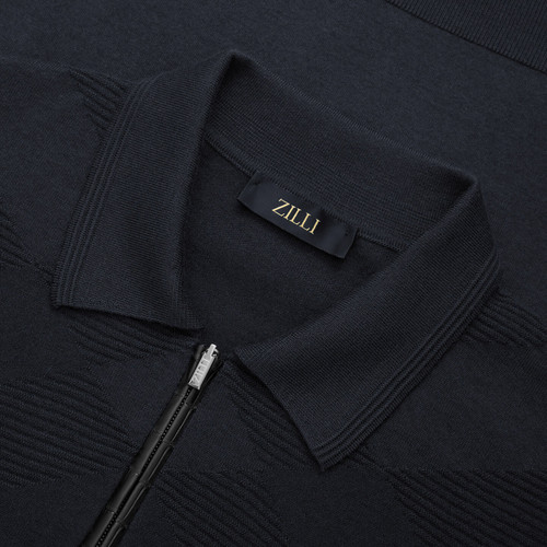 Dark Navy zip polo sweater, "Big Tartan"