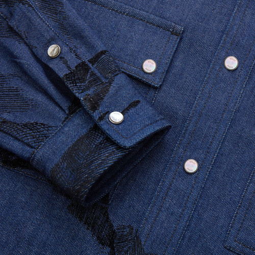 Blue jeans denim shirt, "Mountain Flock Print"