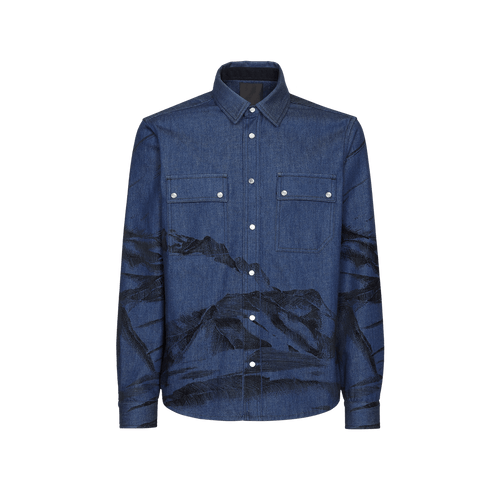 Blue jeans denim shirt, "Mountain Flock Print"