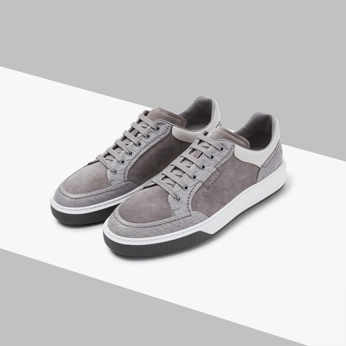Pearl gray and white sneakers in suede kidskin, crocodile and calfskin