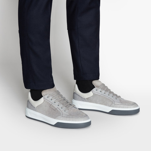 Pearl gray and white sneakers in suede kidskin, caiman and calfskin