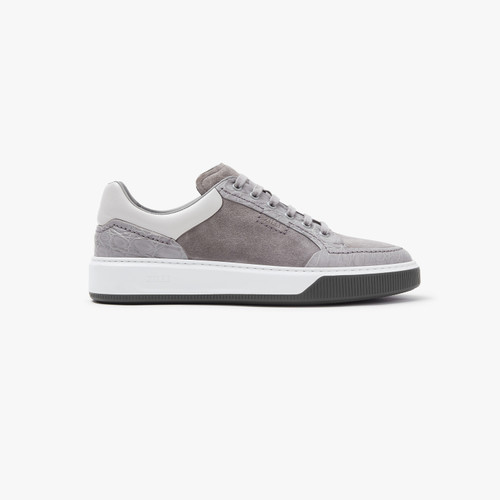 Pearl gray and white sneakers in suede kidskin, crocodile and calfskin