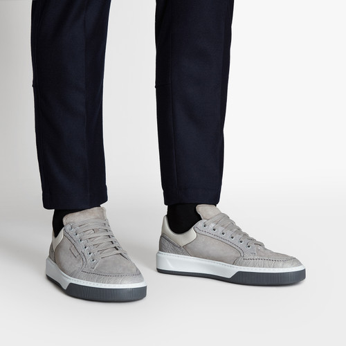 Pearl gray and white sneakers in suede kidskin, caiman and calfskin