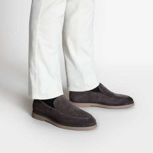 Brown suede kidskin loafers with crocodile detail