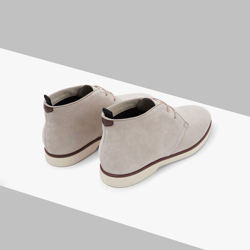 Turtledove-coloured suede calfskin lace-up ankle boots with calfskin detail