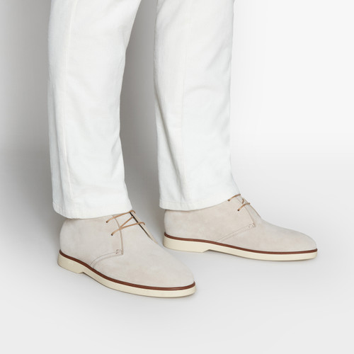 Turtledove-coloured suede calfskin lace-up ankle boots with calfskin detail