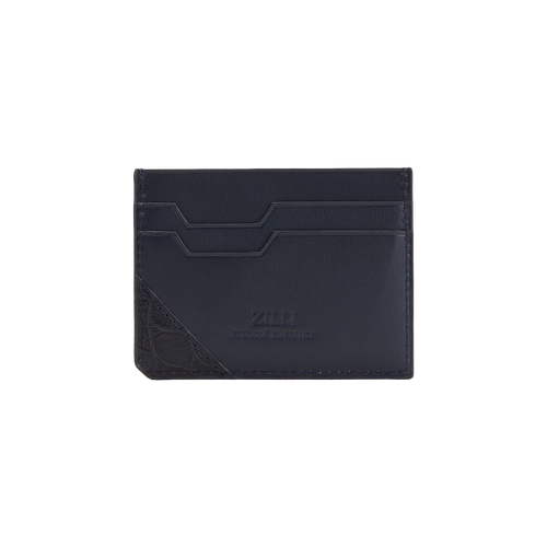 Porte-cartes de crédit CC5 en cuir de veau et crocodile bleu marine Porte-cartes de crédit CC5 en cuir de veau et crocodile bleu marine
