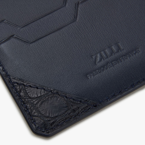 Porte-cartes de crédit CC5 en cuir de veau et crocodile bleu marine Porte-cartes de crédit CC5 en cuir de veau et crocodile bleu marine