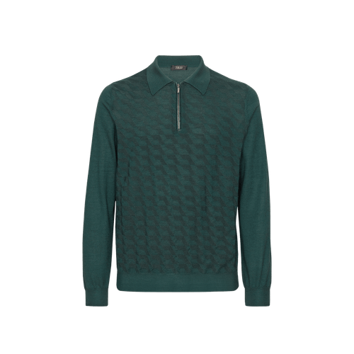 Dark green zipped polo sweater, crocodile detail,  "Steps" jacquard weave