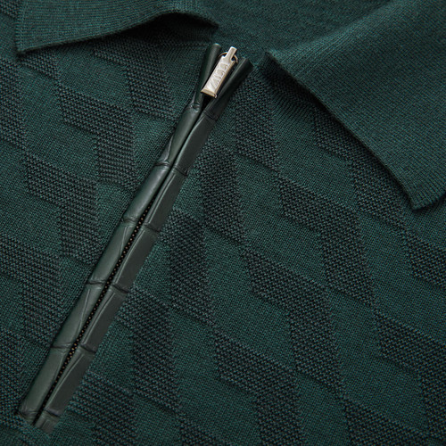 Dark green zipped polo sweater, crocodile detail,  "Steps" jacquard weave