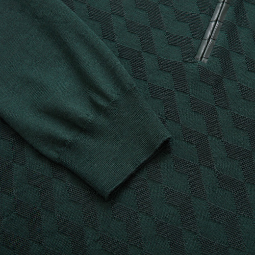 Dark green zipped polo sweater, crocodile detail,  "Steps" jacquard weave