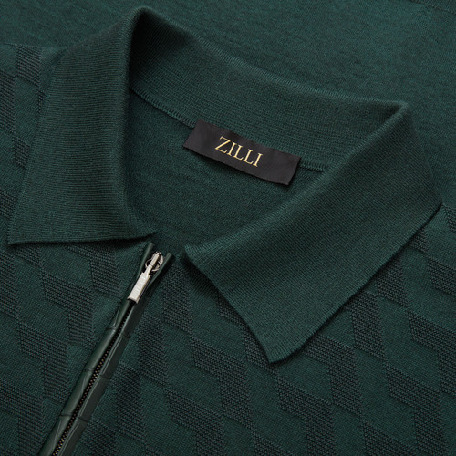 Dark green zipped polo sweater, crocodile detail,  "Steps" jacquard weave