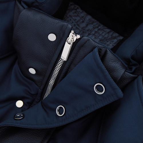 Long quilted midnight blue down jacket, removable hood