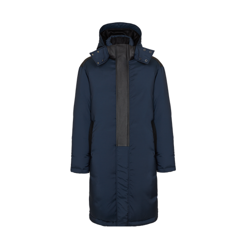 Long quilted midnight blue down jacket, removable hood