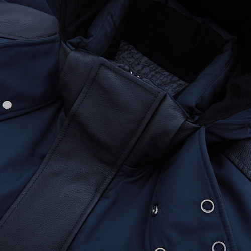 Long quilted midnight blue down jacket, removable hood