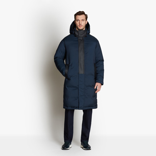 Long quilted midnight blue down jacket, removable hood
