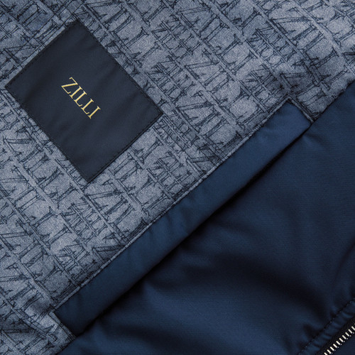 Long quilted midnight blue down jacket, removable hood