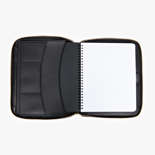 Black A5 Zip around writing folder, "ZILLI Satin brass"