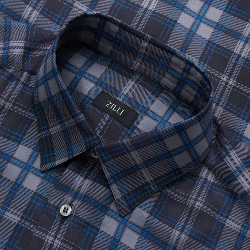 Dark navy, smoke grey and charron blue checked shirt