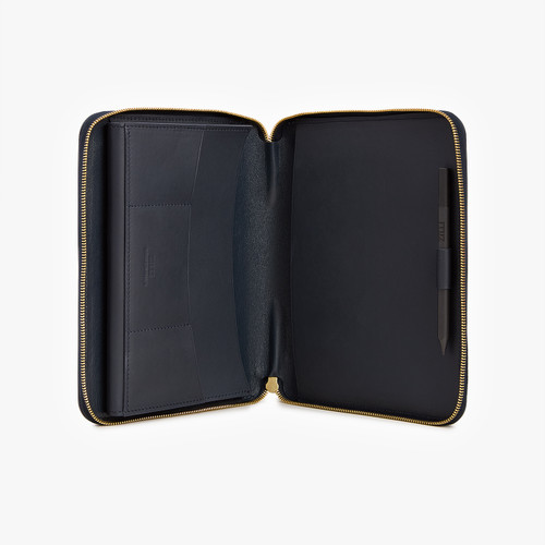 Blue Navy A5 Zip around writing folder, "ZILLI Satin brass"