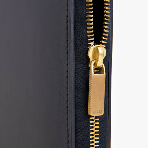 Blue Navy A5 Zip around writing folder, "ZILLI Satin brass"