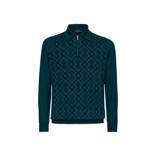 Dark Green zipped polo sweater, "Mountain" design