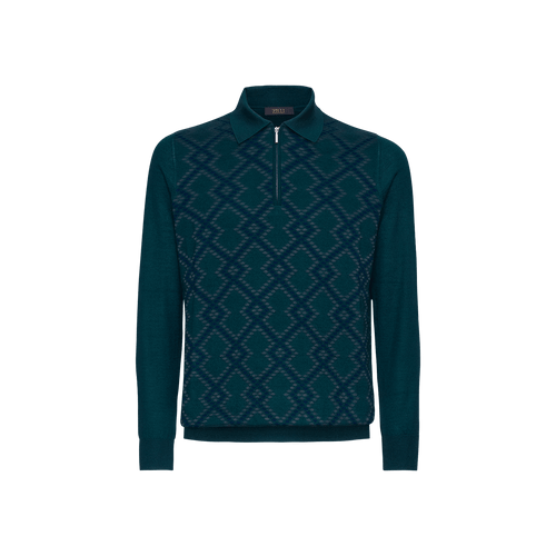 Dark Green zipped polo sweater, "Mountain" design
