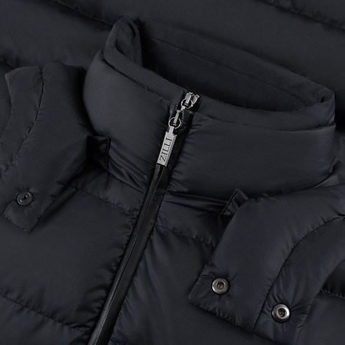 Black long padded coat, removable hood