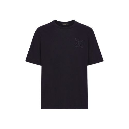 Navy blue round neck sweater, "Big Lion" embroidery