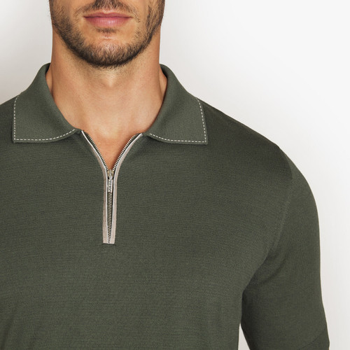 Deep military zipped polo, ribbon stitching Deep military zipped polo, ribbon stitching