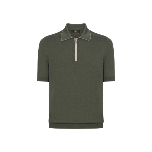 Deep military zipped polo, ribbon stitching 