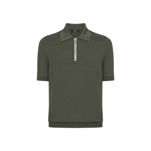 Deep military zipped polo, ribbon stitching 