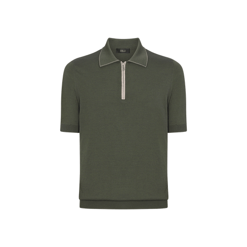 Deep military zipped polo, ribbon stitching 