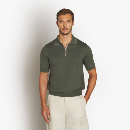 Deep military zipped polo, ribbon stitching 