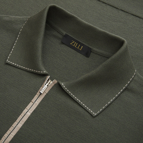 Deep military zipped polo, ribbon stitching 