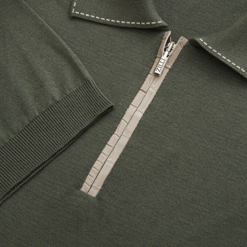 Deep military zipped polo, ribbon stitching 