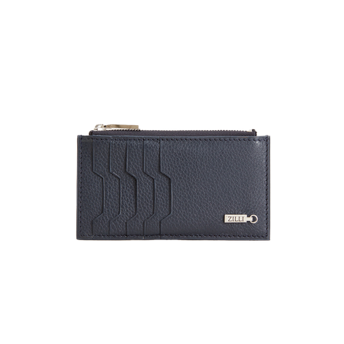 Navy blue grained calfskin credit card holder with zipper