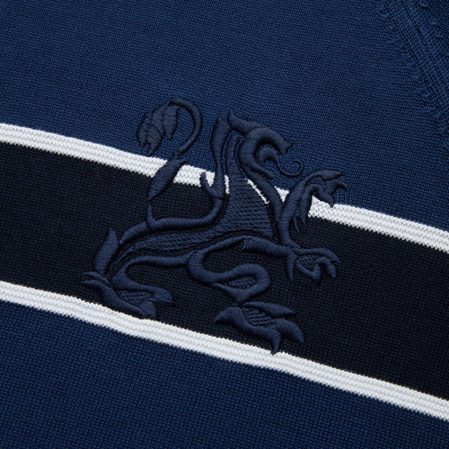 Navy blue zipped polo, "Block stripes"