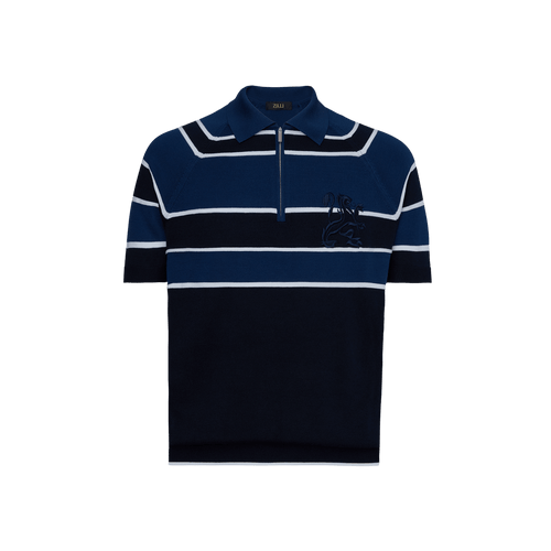 Navy blue zipped polo, "Block stripes"