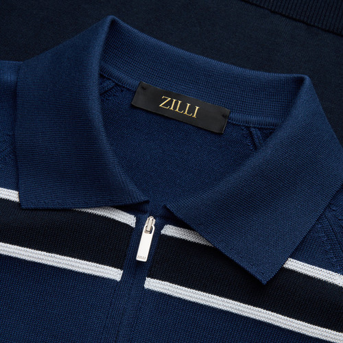Navy blue zipped polo, "Block stripes"