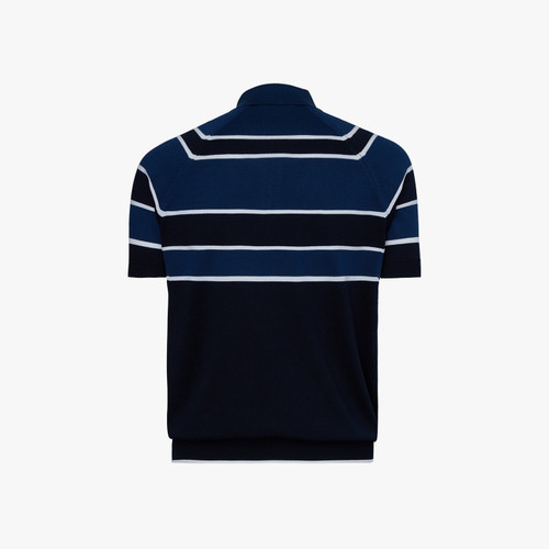 Navy blue zipped polo, "Block stripes"