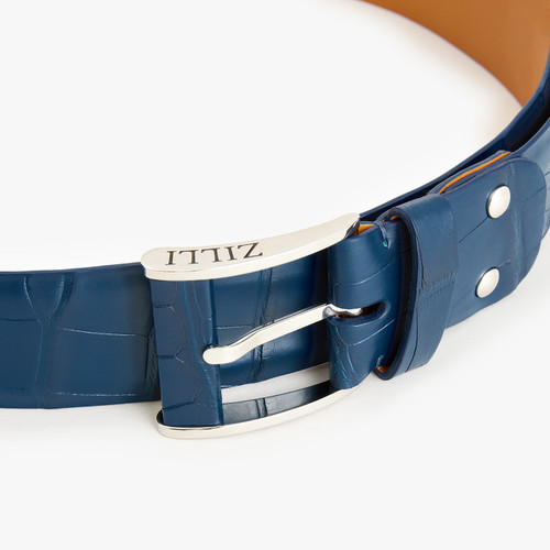 Blue belt in alligator, 40 mm, "126" buckle